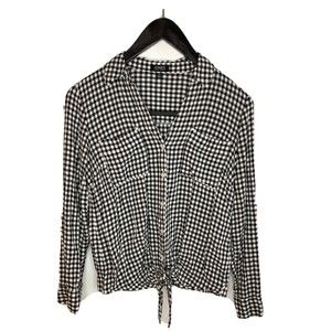 Jones New York Women’s S Black White Gingham Knot Tie Front Shirt Roll Sleeves